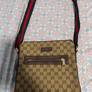 Gucci Brown Crossbody Bag with Red and Green Strap